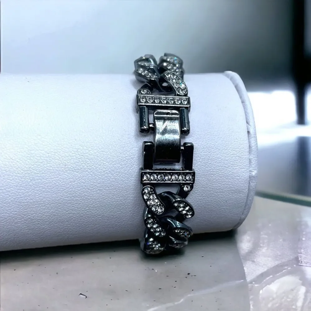 Rhinestones on Black l Bracelet l 8” l Chunky, Trendy l New